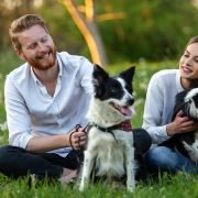 Young couple in love walking and enjoy time in park with dogs